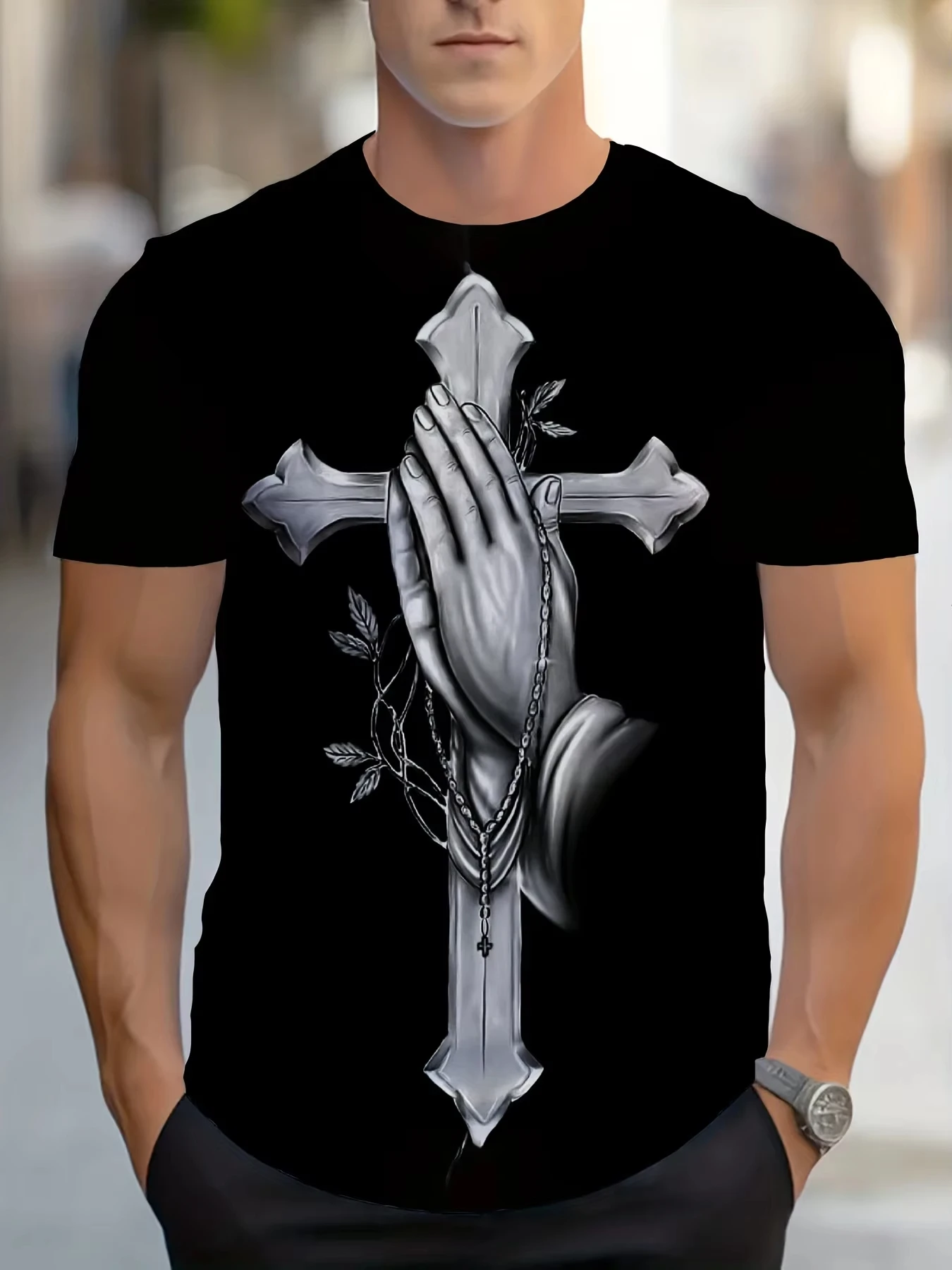 

Men'S Sports Crew Neck T-Shirt with Cross and Prayer Hand Pattern Graphic T Shirts Oversized T Shirt