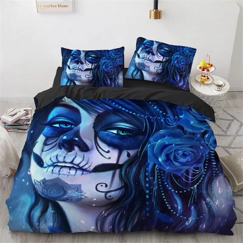 Skull Duvet Cover Queen Size Microfiber Vintage Sugar Skull Girl Day of The Dead Bride with Dark Color Roses Graphic Bedding Set