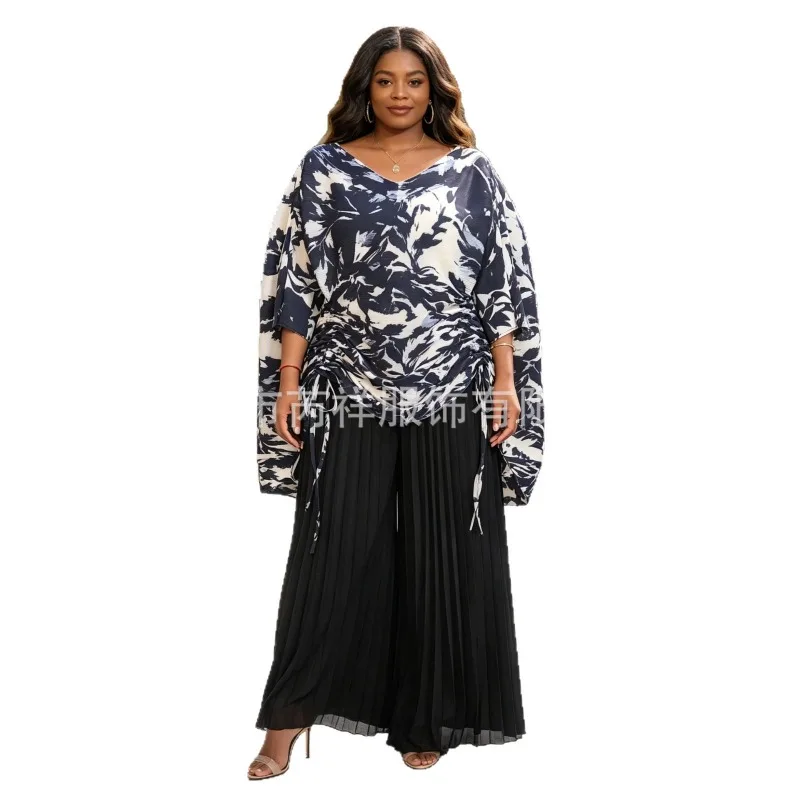 Miyake Pleated Pants Set 2026 Summer New Pleats Batwing Sleeve Printed Loose Drawstring Wide Leg Pants 2-Piece Set Plus Size