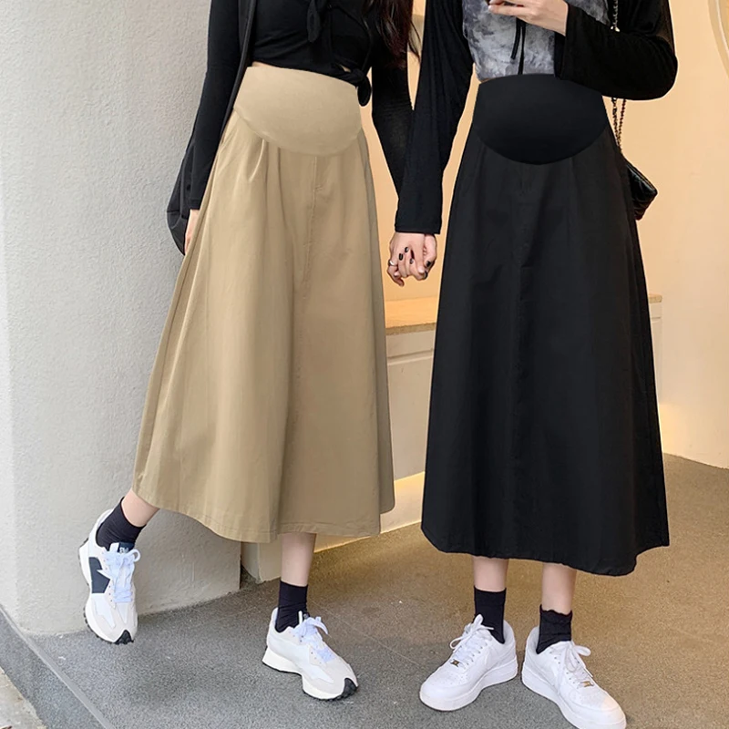 

Autumn Pregnant Woman Full Skirts High Waist Pregnant Women's A-Line Skirts Preppy Style Maternity Umbrella Skirt Black Khaki