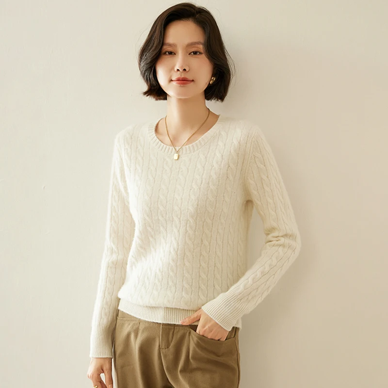 Simple Autumn Winter O-Neck Twist 100% Cashmere Knitted Women Solid Color Pullover Casual Long Sleeve Thick Warm Base Layer Top