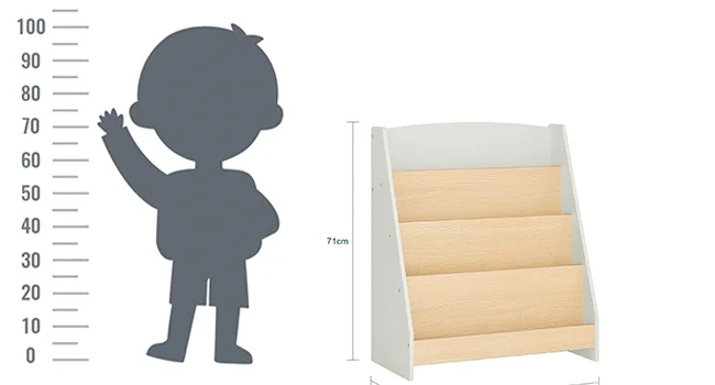 Bücherregal, Kinderbücherregal mit 4 offenen Fächern, Kindermöbel zur Aufbewahrung mit Vorderseite zur Präsentation, 61 x 30 x 71 cm, Farbe: Weiß + Holz. – Detail 4