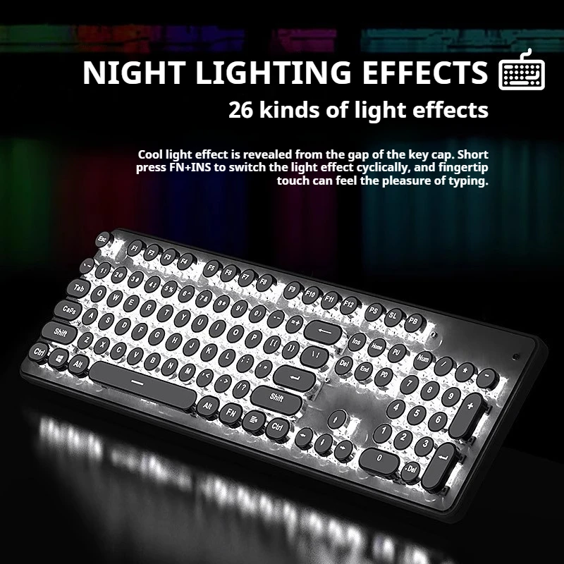 EWEADN Punk Typewriter Mechanical Gaming Keyboard, 104Keys Wired Retro Round Keycaps with LED Backlit, for Windows Laptop PC