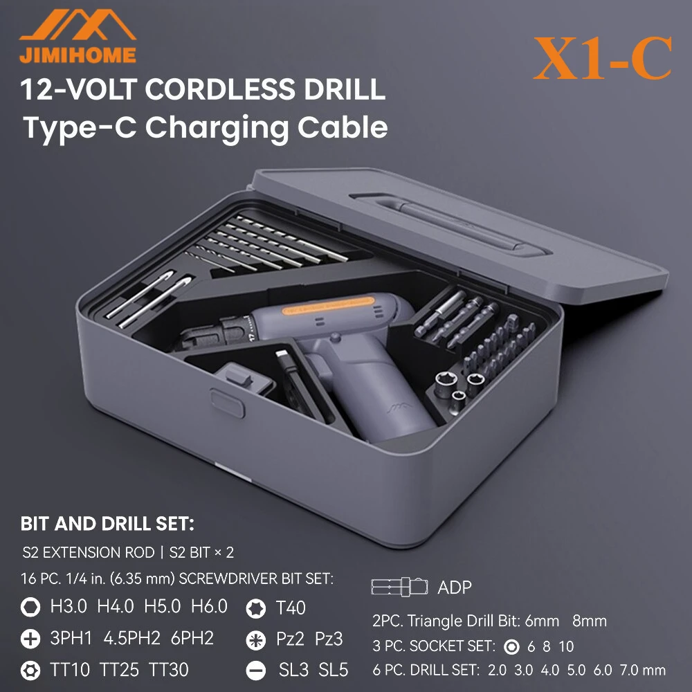 

JIMIHOME C-layer Electric Drill Tool Box 12V Cordless Power Drill Combo Home Tool Set Portable Basic General Household Toolbox