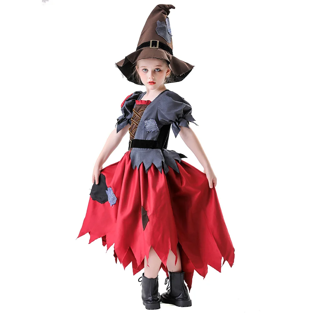 

New Halloween Children Gilrs Witch Costume with Magic Hat Scarecrow Patch Dress Set Vampire Fairy Tale Role Play Costumes 150CM