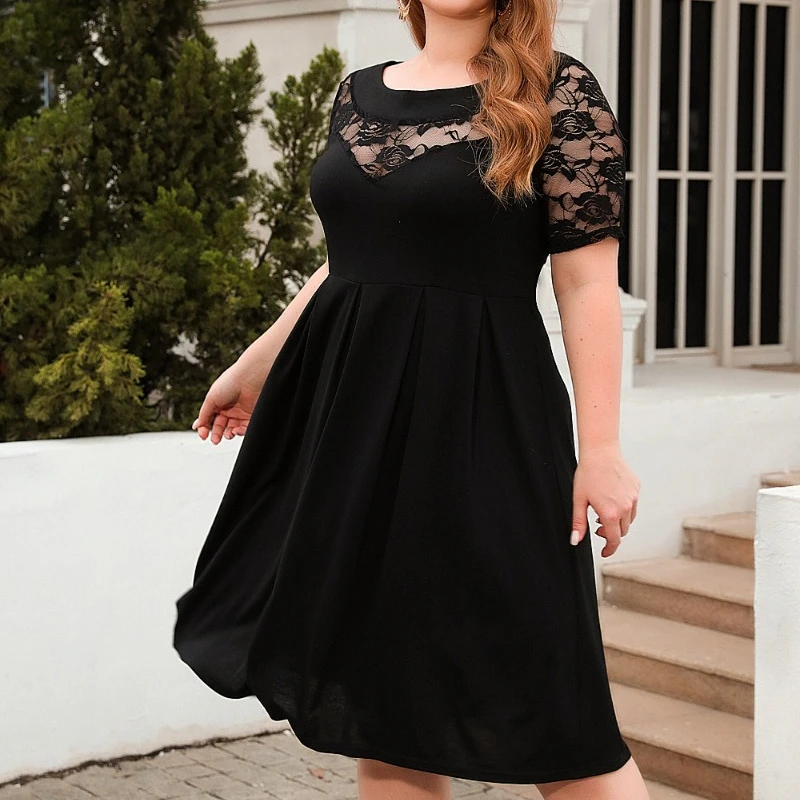 Plus Size w stylu casual, czarny sukienka koronkowa łączona wycięcie pod szyją krótki rękaw z wysokim stanem marszczona modna elegancka damskie