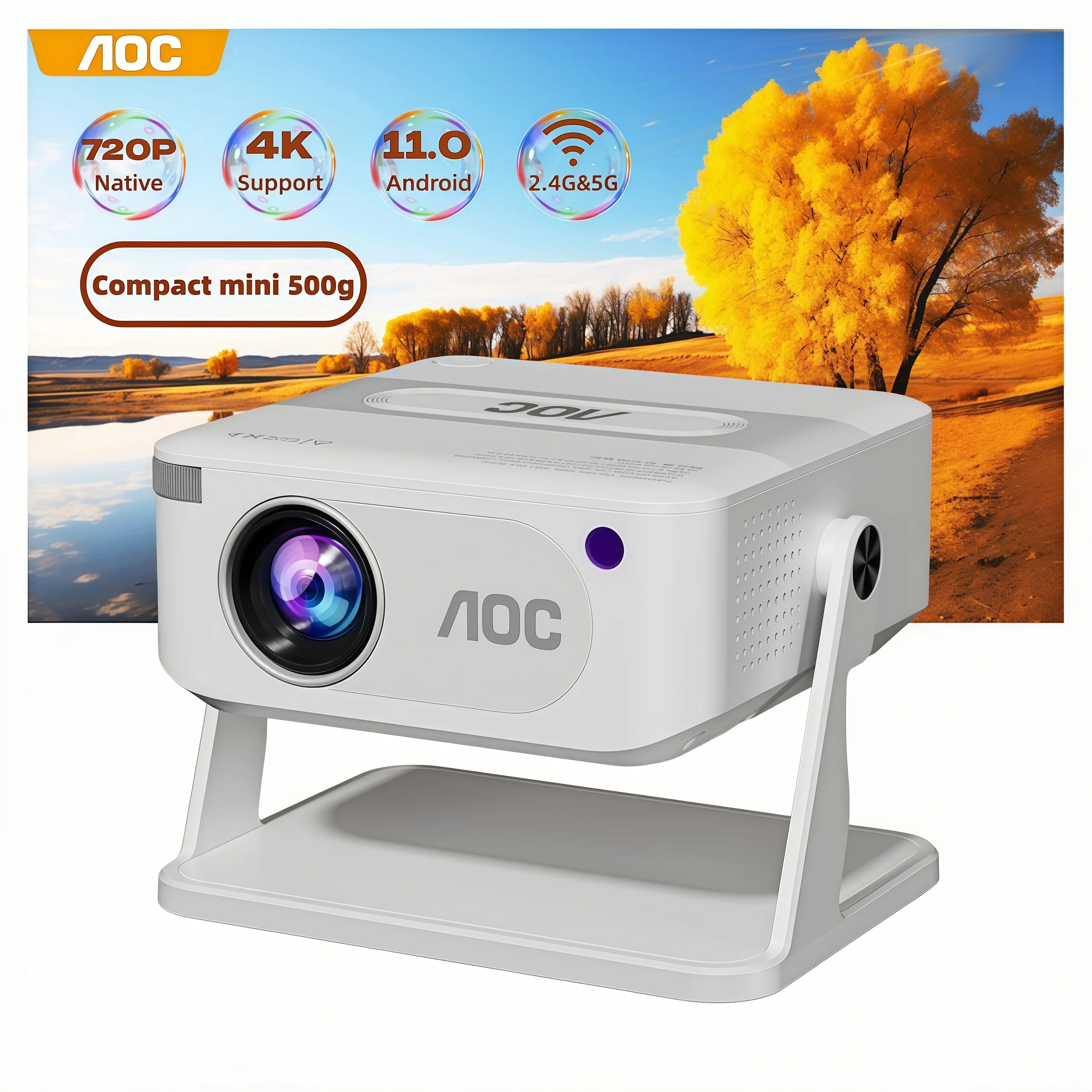 AOC HA109-PRO Mini Projector Native 720P 200 ANSI Wi-Fi 6 360° Rotatable Auto Keystone 4K Support Portable Beamer Proyector Home