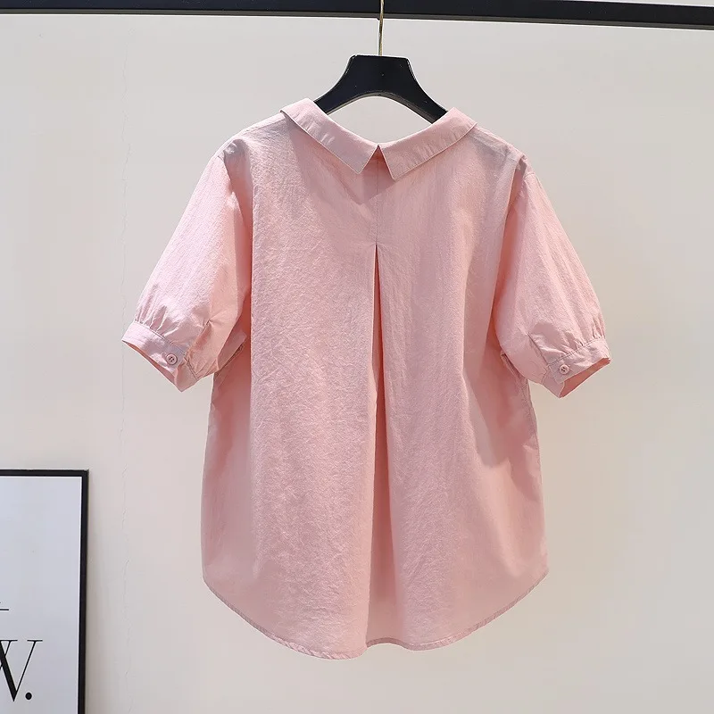 2024 Summer Short Sleeve Chic Fashion Blouse Turn Down Collar Vintage Solid Elegant All Match Loose Blusas Mujer De Moda