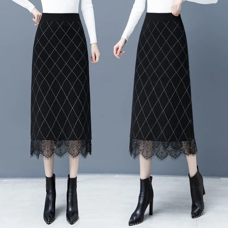 Knitted Plaid Skirt Women Autumn Winter New Mid-length High Waist A-line Skirt Lace Temperament Hip-cover Skirt