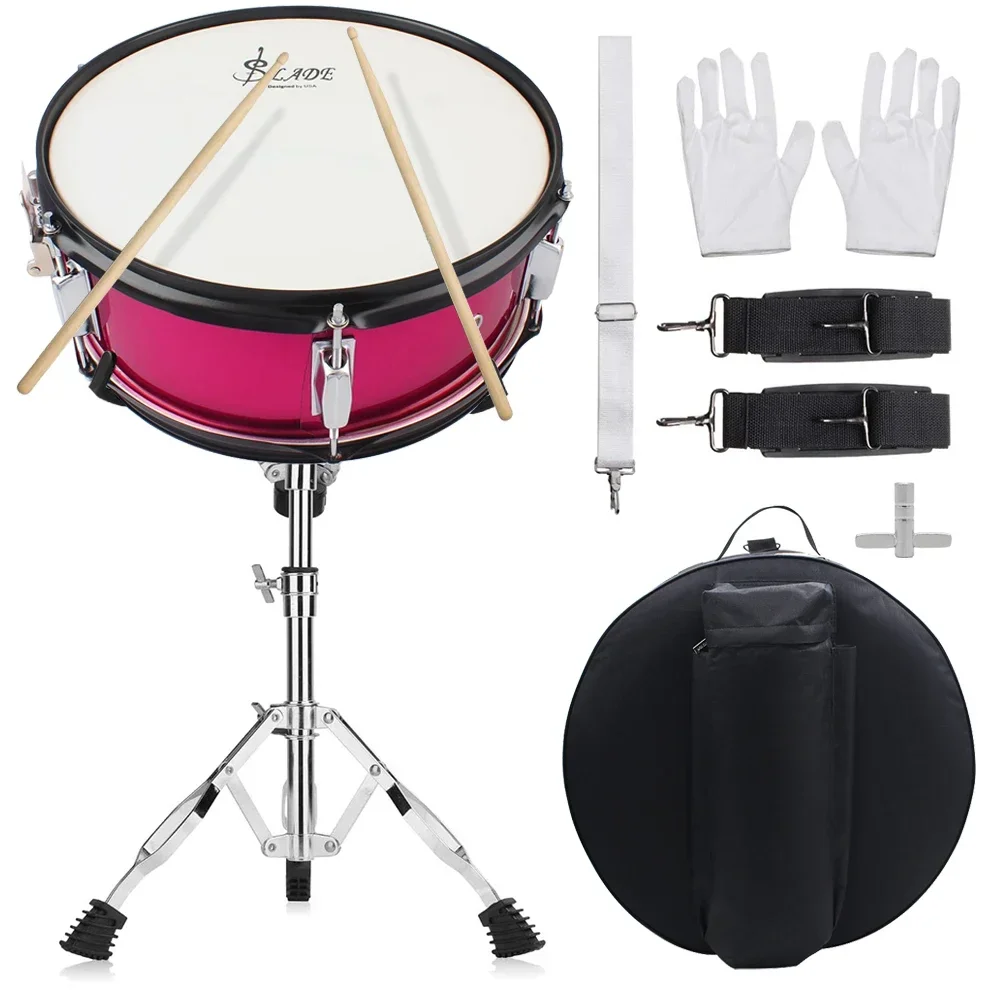 

14 Inches Rose Red Snare Drum Set Drum Percussion Instrument Jazz Drum Set with Bag Stand Strap Accessory for Beginners Practice