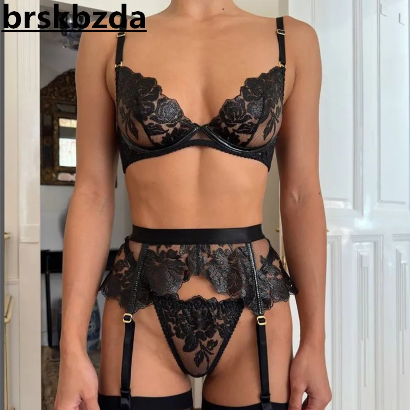 Brskbzda Black Erotic Lingerie Floral Intimate Set Transparent Lace Sexy Fantasy Underwear Luxury Attractive Pushup Bra Outfits