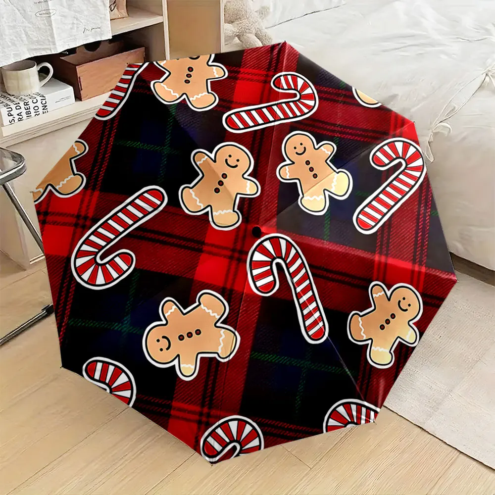 1PC Festive Red Umbrella with Gingerbread and Candy Patterns Print 8 Iron Ribs Folding Umbrella Auto-Open Fashion Sunshade