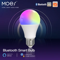 MOES-Lâmpada LED Inteligente Regulável com Bluetooth, E27, 9W, Lâmpadas TUYA, Cor de Festa, Dimmer Ajustável, Alexa, Google Voice