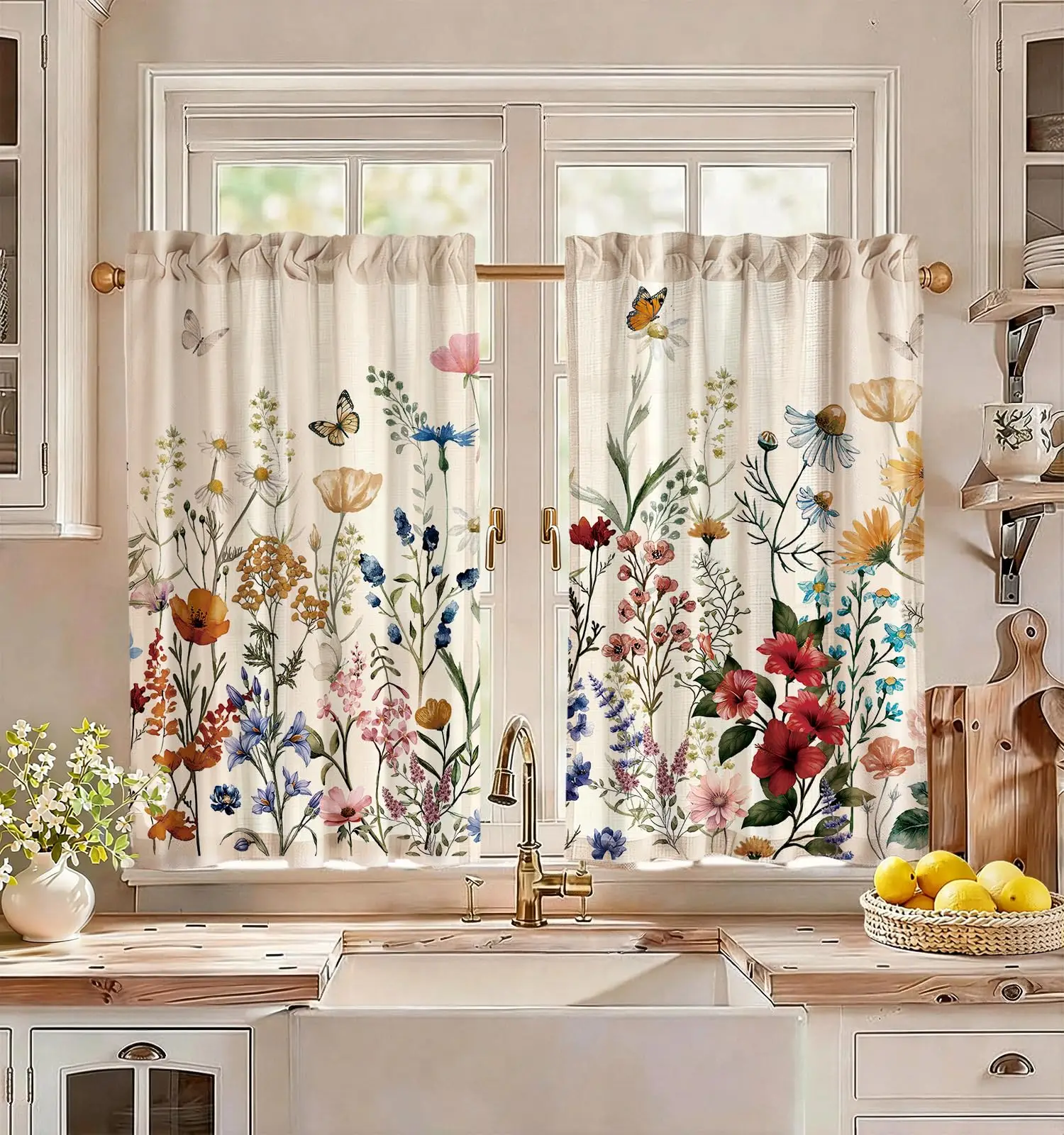 2Pcs Linen Blend Vintage Floral Curtains Small Window Treatments36 Inch Length Curtains Rod Pocket for Kitchen Bathroom Cafe