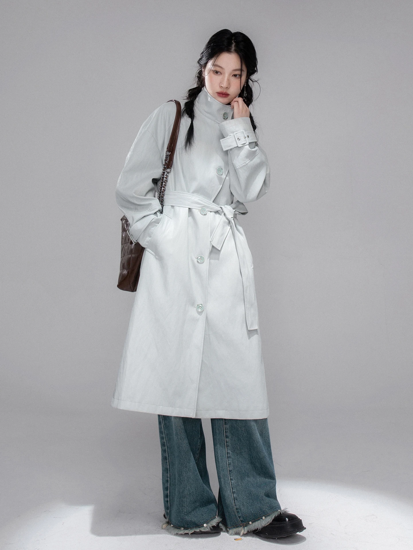 COTRE インテリジェントセンセーション コールドトーン グレーブルー ダブルウェア レザーコート ウィンドブレーカー 通勤スタイル 長袖 レギュラーフィット