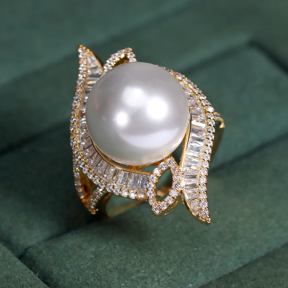 

Bridal talk romantic and shiny stylish round pearl statement ring finger rings for women wedding jewelry gifts