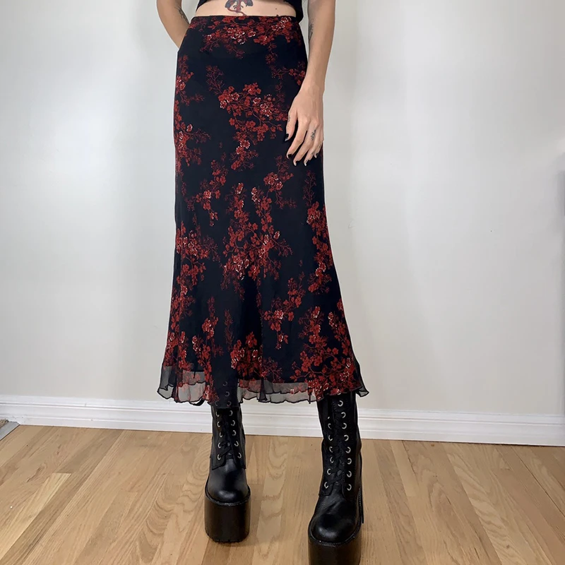 

Women Gothic Long Skirts Spring Autumn y2k Vintage Elegant Flower Skirt for Daily Dating Streetwear Fairy Grunge Goth Harajuku