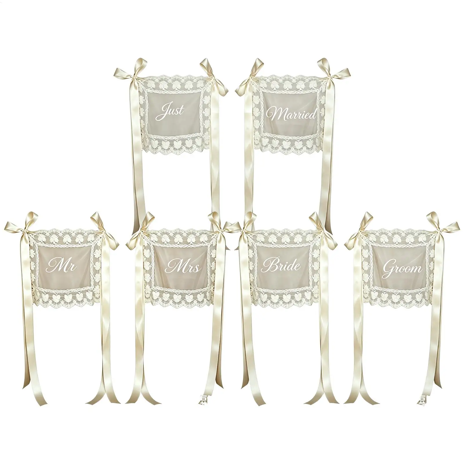 Mr and Mrs Chair Signs Lace Ribbon Wedding Bride Groom Chair Decor Engagement Party Reception Ceremony 2pcs