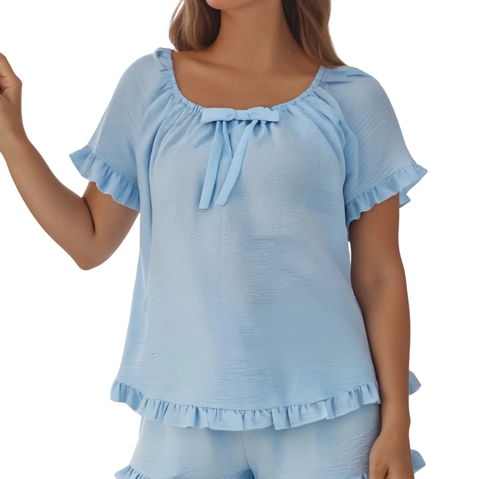 

Women s Summer Lounge Set Short Sleeve Scoop Neck Ruffle Trim Tops Shorts Sleepwear