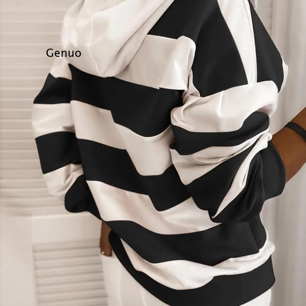 

Women Casual Autumn Stripes Color Block Drawstring Hood Sweatshirt Hoodie Blouse