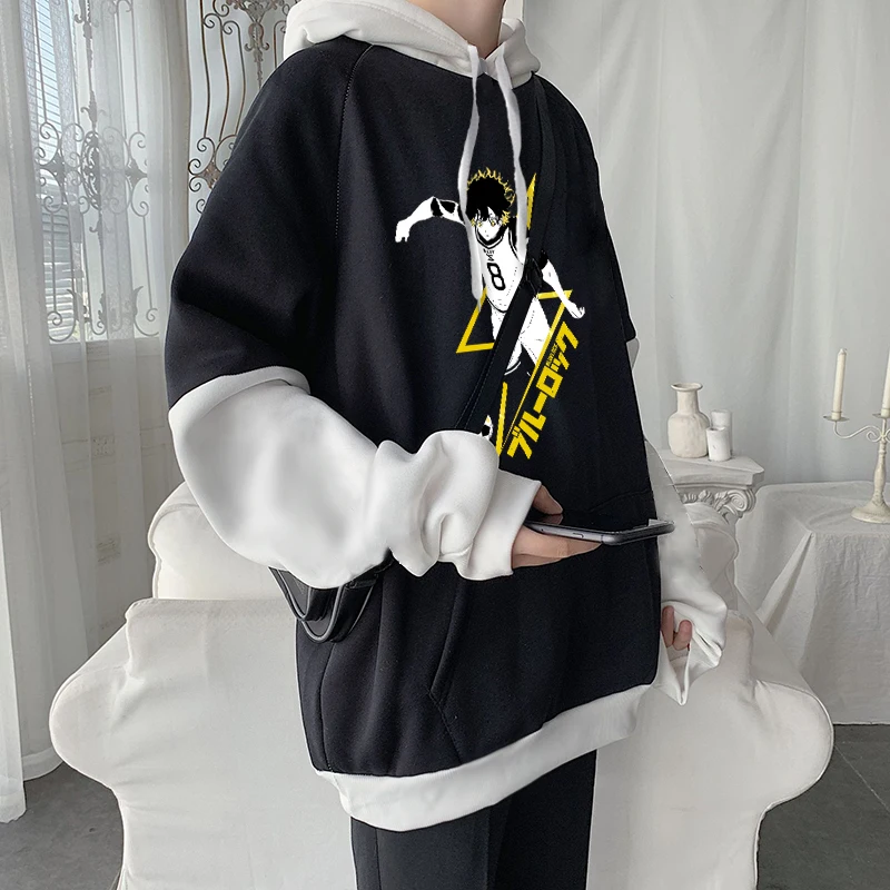 Anime Blue Lock Meguru Bachira Hoodies Patchwork Soccer Manga Printed Streetwear Oversized Fall Winter Warm Men Women Sweatshirt