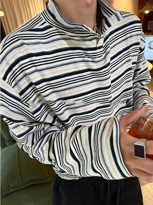 

Korean Sle Men's Long Sve Striped T-irt Base Layer irt Autumn Faionable Inner Wear Top Casual Loose Fit