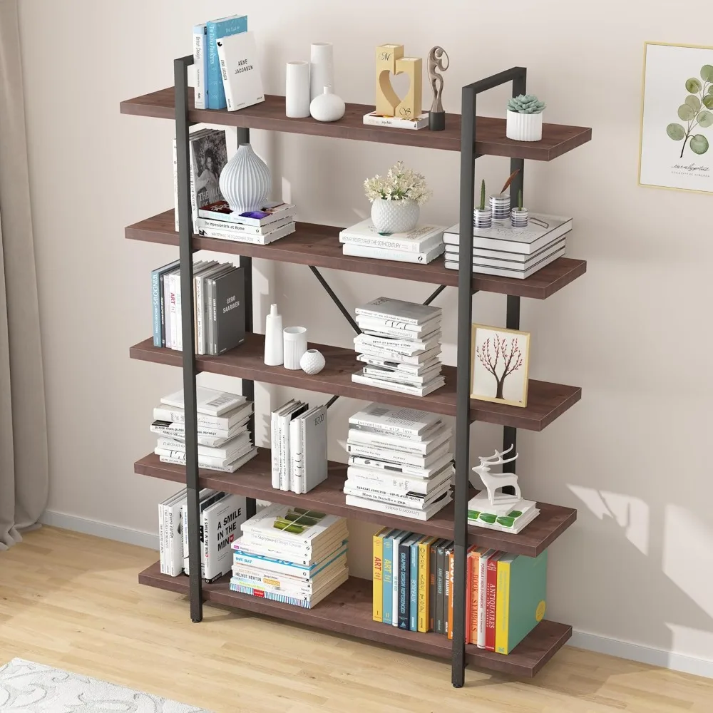 5 Tier Solid Wood Bookshelf, Industrial Natural Real Wood Metal Tall Bookcase,   for Office Living Bedroom,Rustic Gray,Bookcases