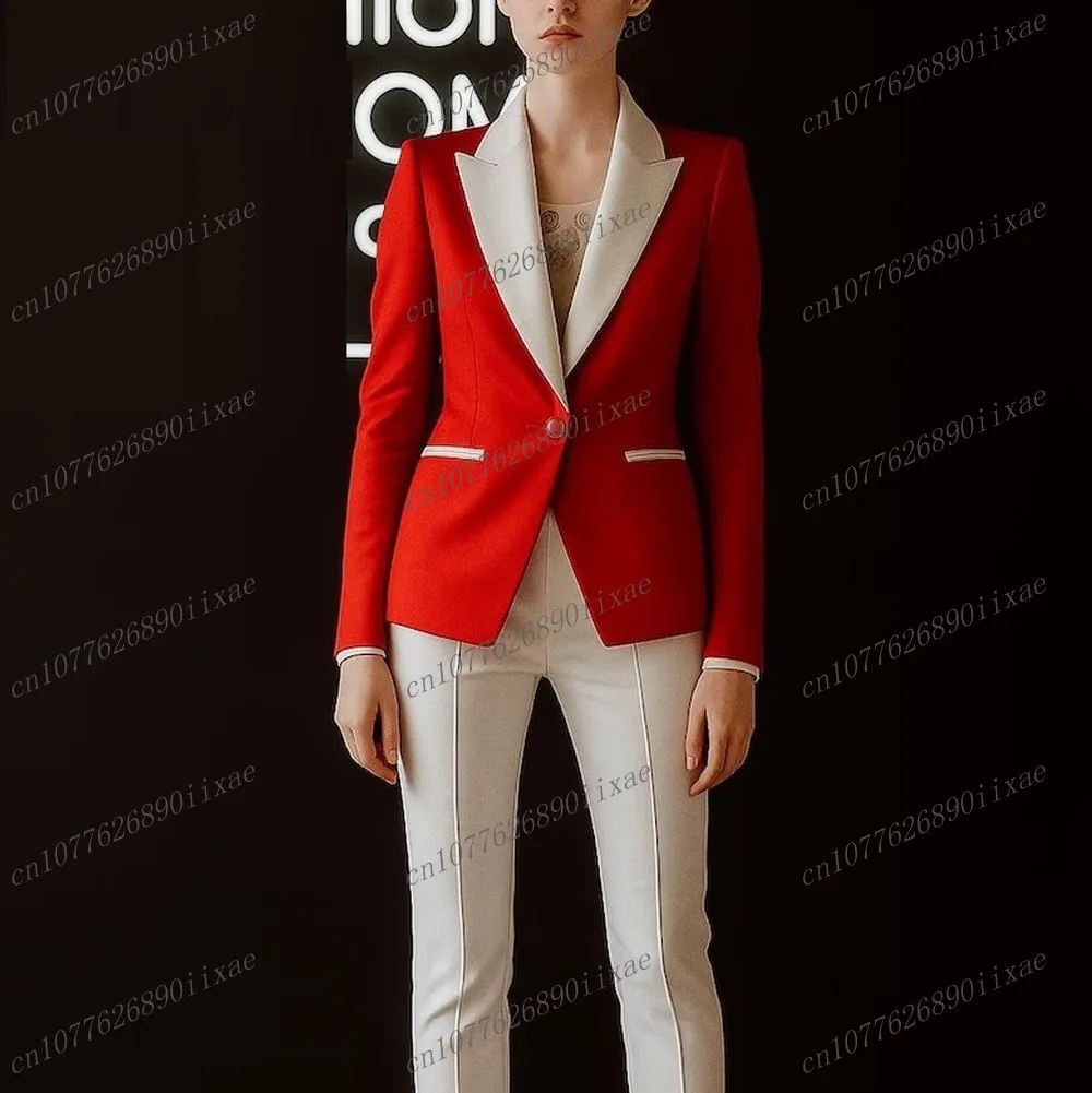 

New Red And White Women Suits Lady Business Office Tuxedos Mother Wedding Party Formal Ladies 2 Piece Set Jacket Pants