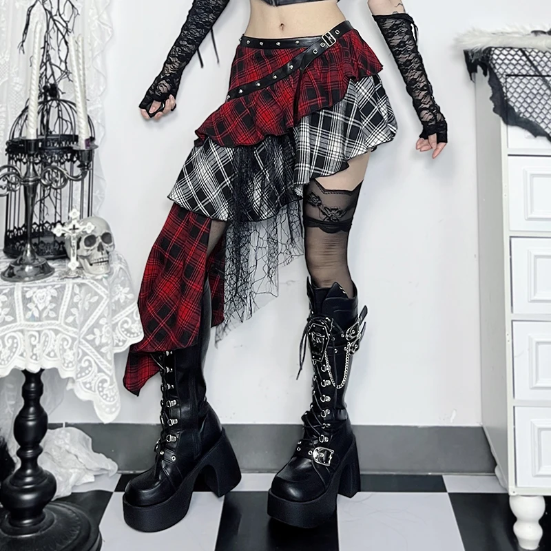 Gothic Red Black Plaid Lace Patchwork Mini Skirts Y2K Vintage Aesthetic Irregular Belt A-Line Short Skirt Women Streetwear