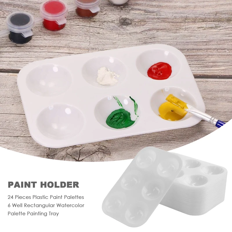 24 Pieces Plastic Paint Palettes 6 Well Rectangular Watercolor Palette Painting Tray, White