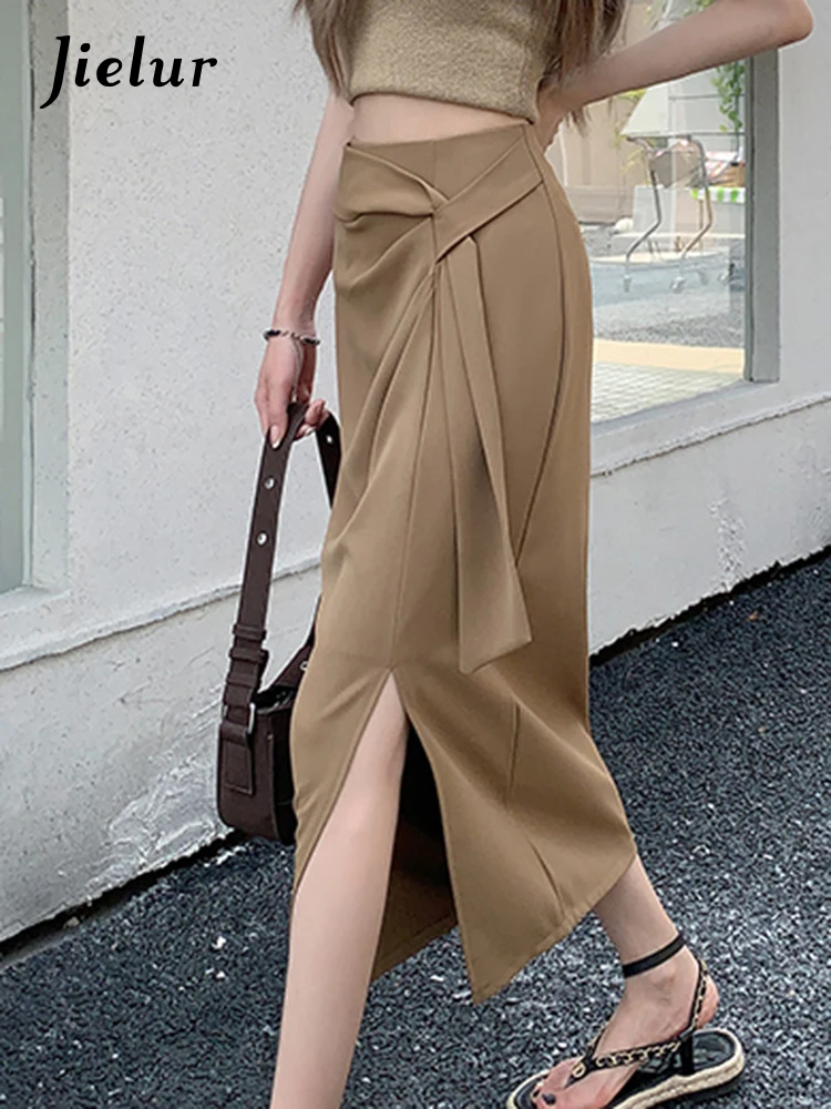 

Jielur New Pleated Irregular A-line Women Midi Skirts Solid Color Split Lace-up Black Casual Elegant Office Ladies Summer Skirt