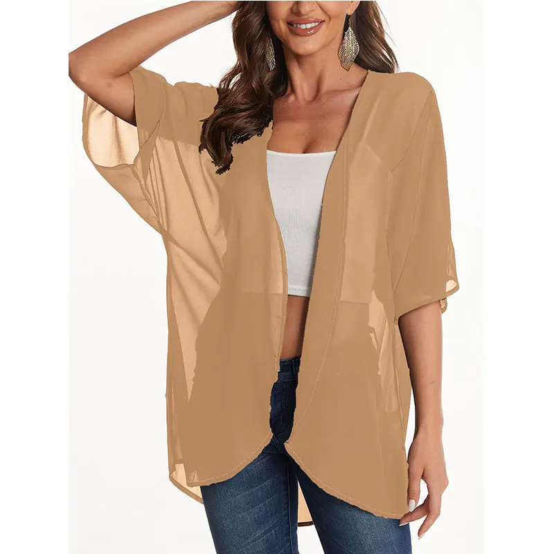 المرأة حجم كبير طباعة الأزهار خفيفة الوزن الشيفون كيمونو سترة قصيرة الأكمام فضفاضة ملابس الشاطئ التستر بلوزة لون نقي