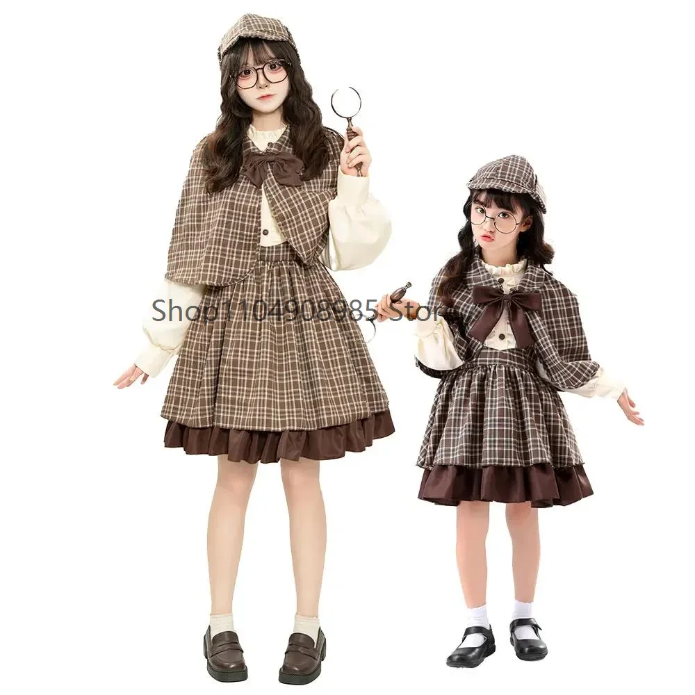 

Adult & Kid Detective Costume British Style High Collar Long Sleeve Detective Dress Reasoning Game Women Halloween Cosplay Dress