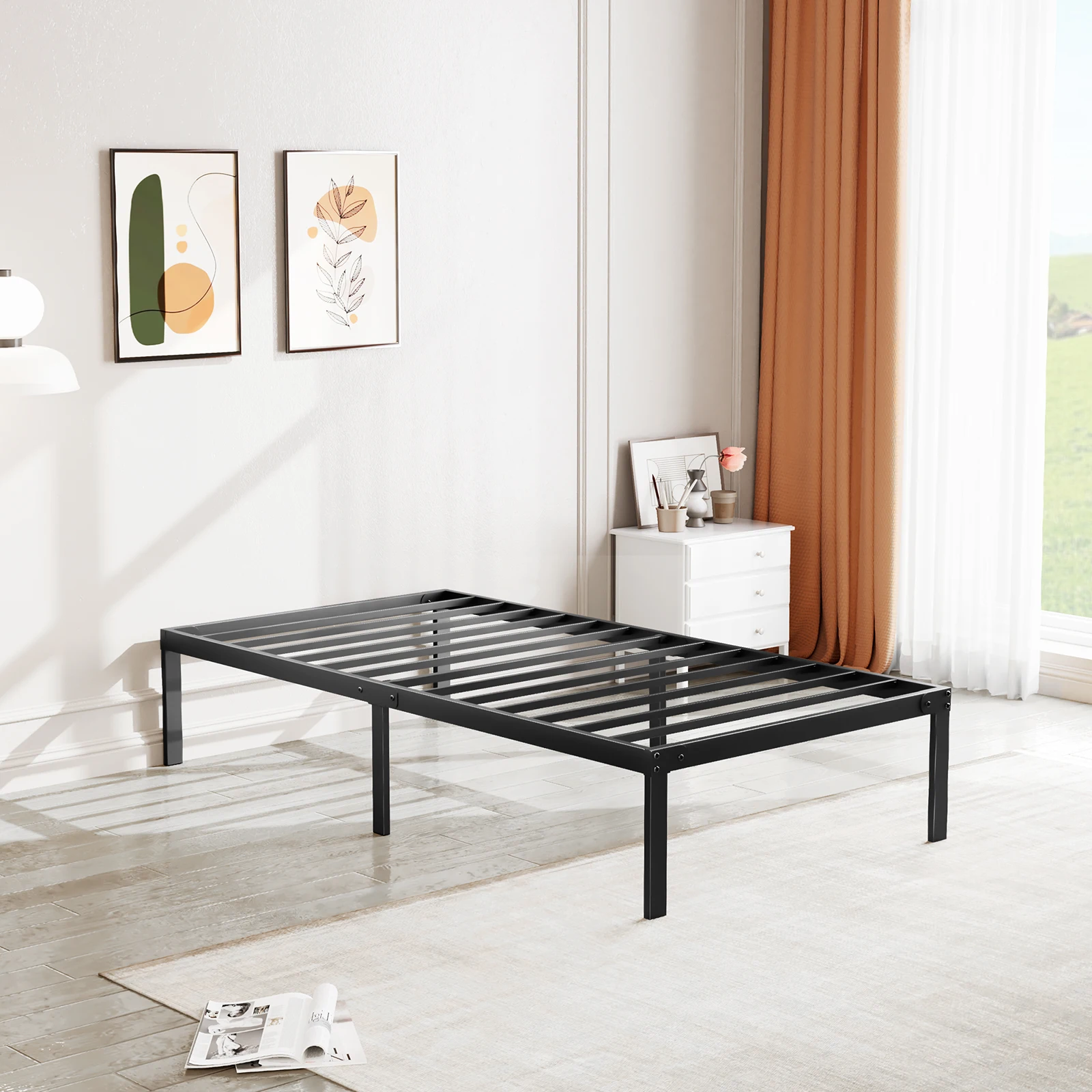 Japandi matte steel slat bed base side view