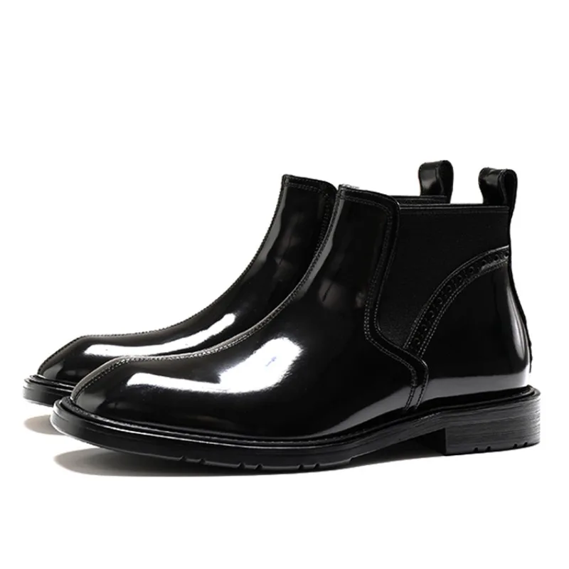 New British Style Glossy Leather Ankle Boots Men Genuine Leather Fashion Outdoor Work Chelsea Boots Male High Top Leather Shoes