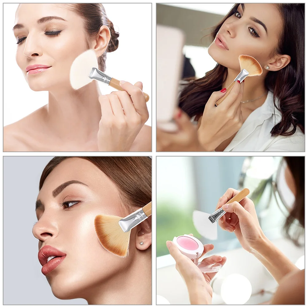 

4pcs Loose Powder Brush Fan Highlighter Salon Facial Nylon Applicator Soft Bristles Long H White Hair Comfortable Grip