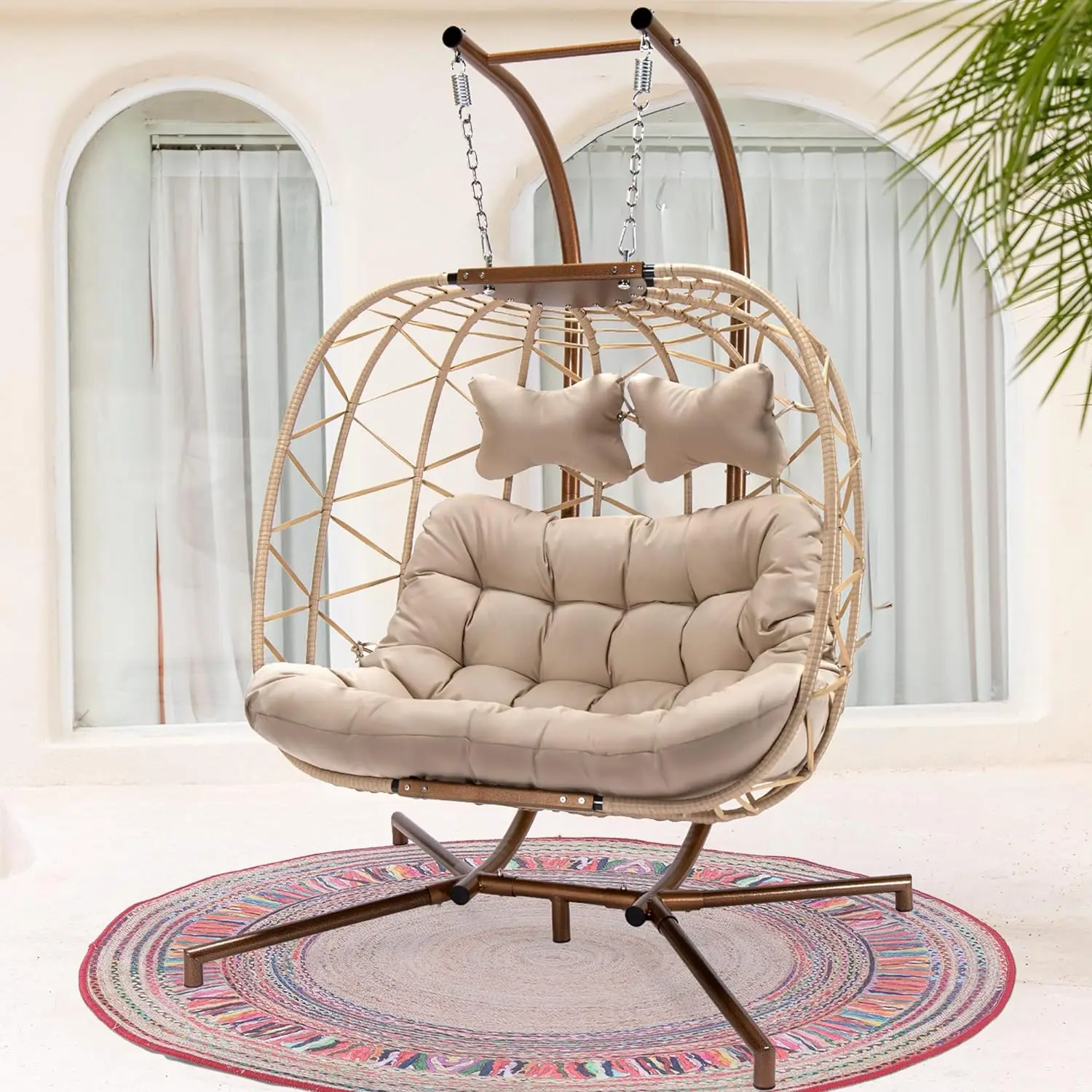 

Stand Large 2 Person Indoor Outdoor Wicker Patio Twins Basket Hanging Chair with Beige Cushions 510 Lbs Capacity