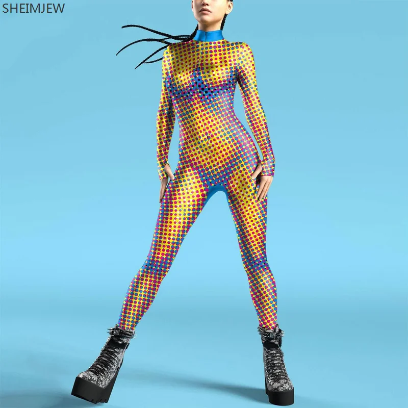 Stylowy kombinezon zapinany na zamek kolorowe body z rękawem na kciuk Cosplay Zentai garnitur Halloween komfort Morphsuit strój Rave Monos Mujer