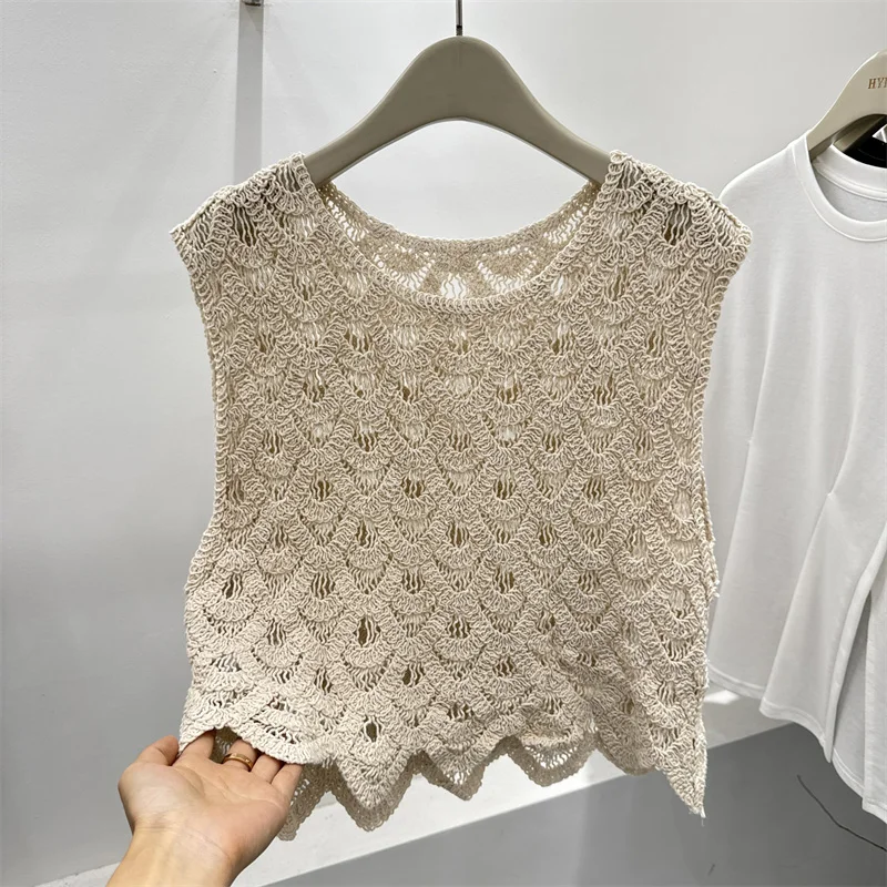 

Summer Artistic Hollow out Knitwear ort Sve Women's Color round Ne Vest Top Commute Sle Faion Outerwear