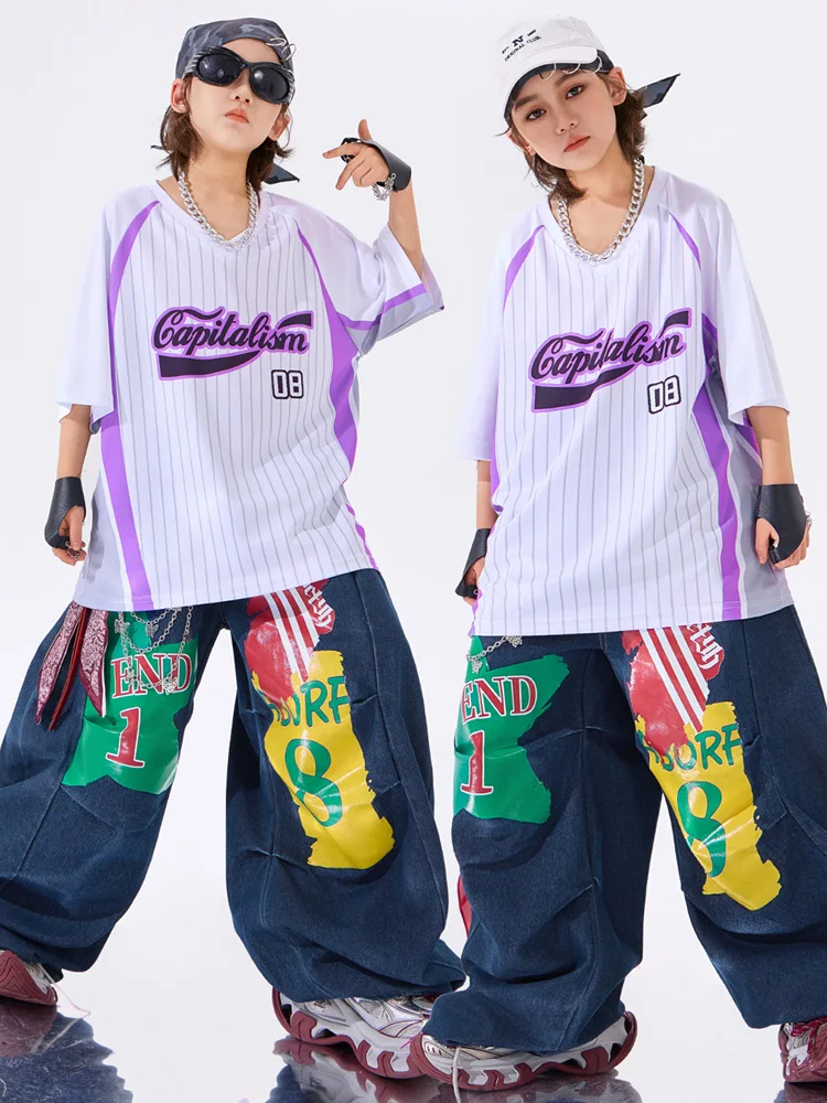 Hip Hop Outfits White Contrast T shirt Blue Baggy Cargo Pants K-pop Dance Jeans Group Streetwear Jazz Dance Clothes