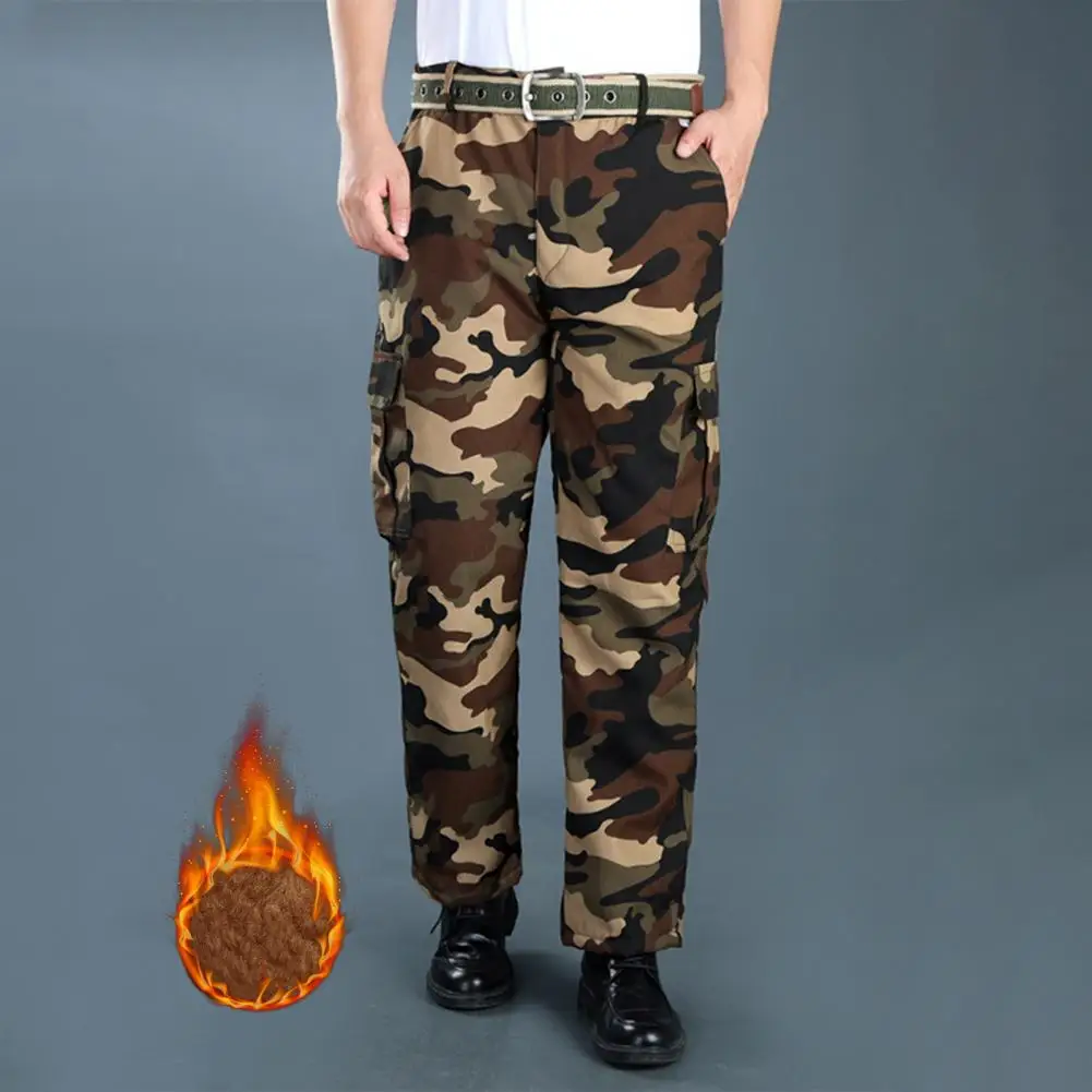 Men Trousers Camouflage Print Men's Drawstring Pants with Pockets Elastic Waist for Outdoor Workwear Thick Plush Warm Soft