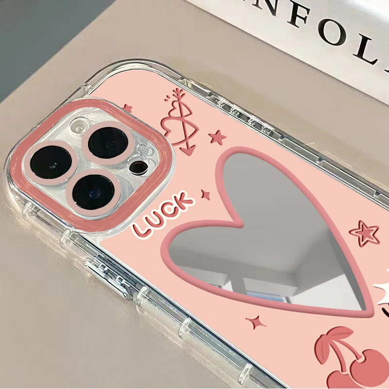 Pink Cherry Heart Love Air Cushion Mirror Phone Case For iPhone 17 15 14 16 Pro Max 13 12 11 Pro XR XS  8 Plus 17Air Girl Cover - view 5