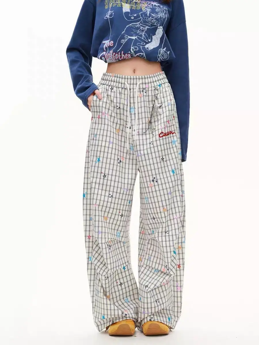 Sweet Preppy Y2K Aesthetic Plaid Wide Leg Pants Women Star Graphic Elastic Waist Baggy Loose Trousers Summer Street Casual New