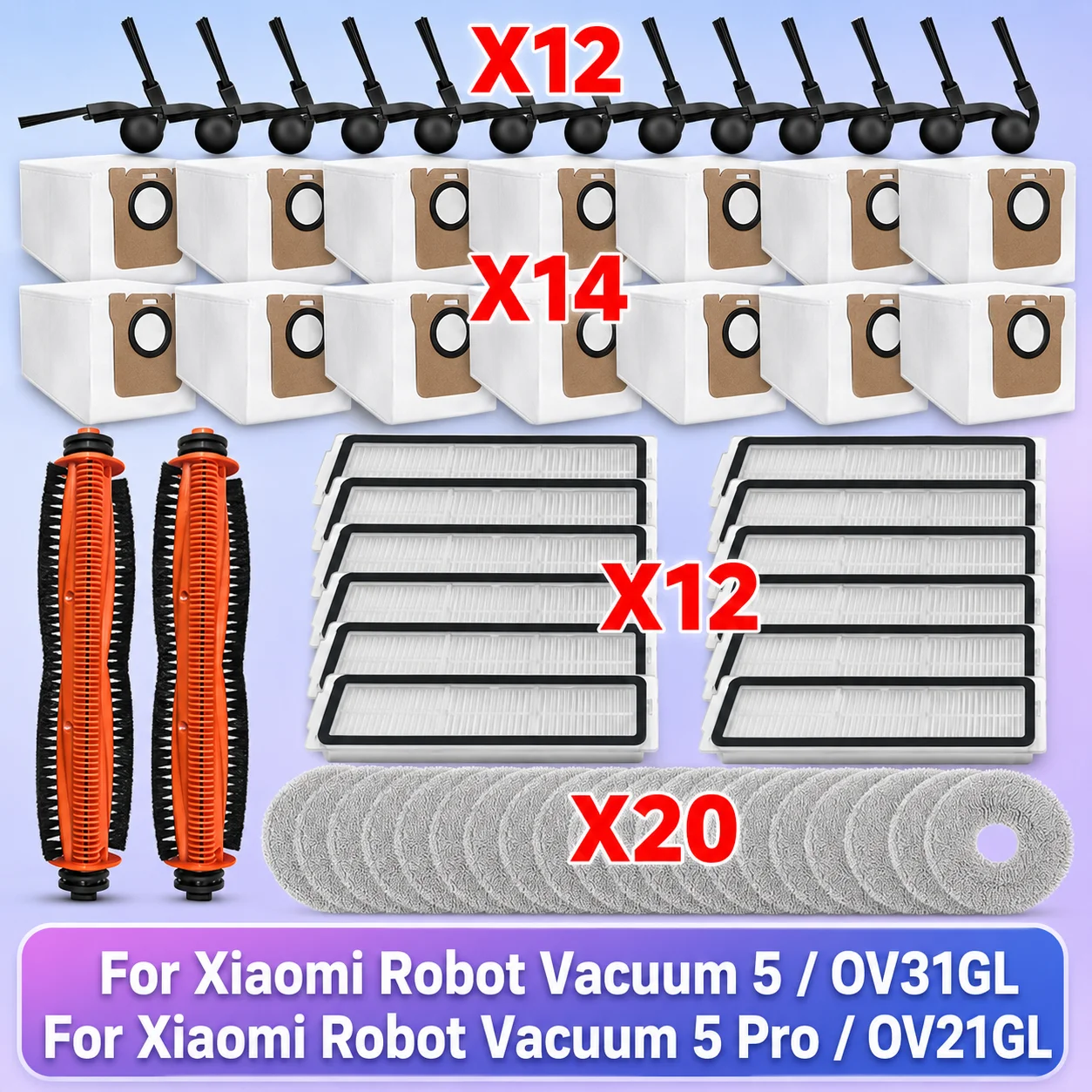 Compatível com (Xiaomi Robot Vacuum 5 / OV31GL, Xiaomi Robot Vacuum 5 Pro / OV21GL) Peças Escova Principal e Lateral Tricut Filtro Pano de Limpeza Saco Acessórios