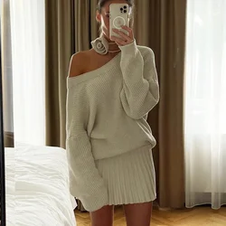 TARUXY Autumn Fashion Knitted Top And Skirt Set Women's Backless Double Collar Sweater High Waist Folds Mini Skirt Matching Set