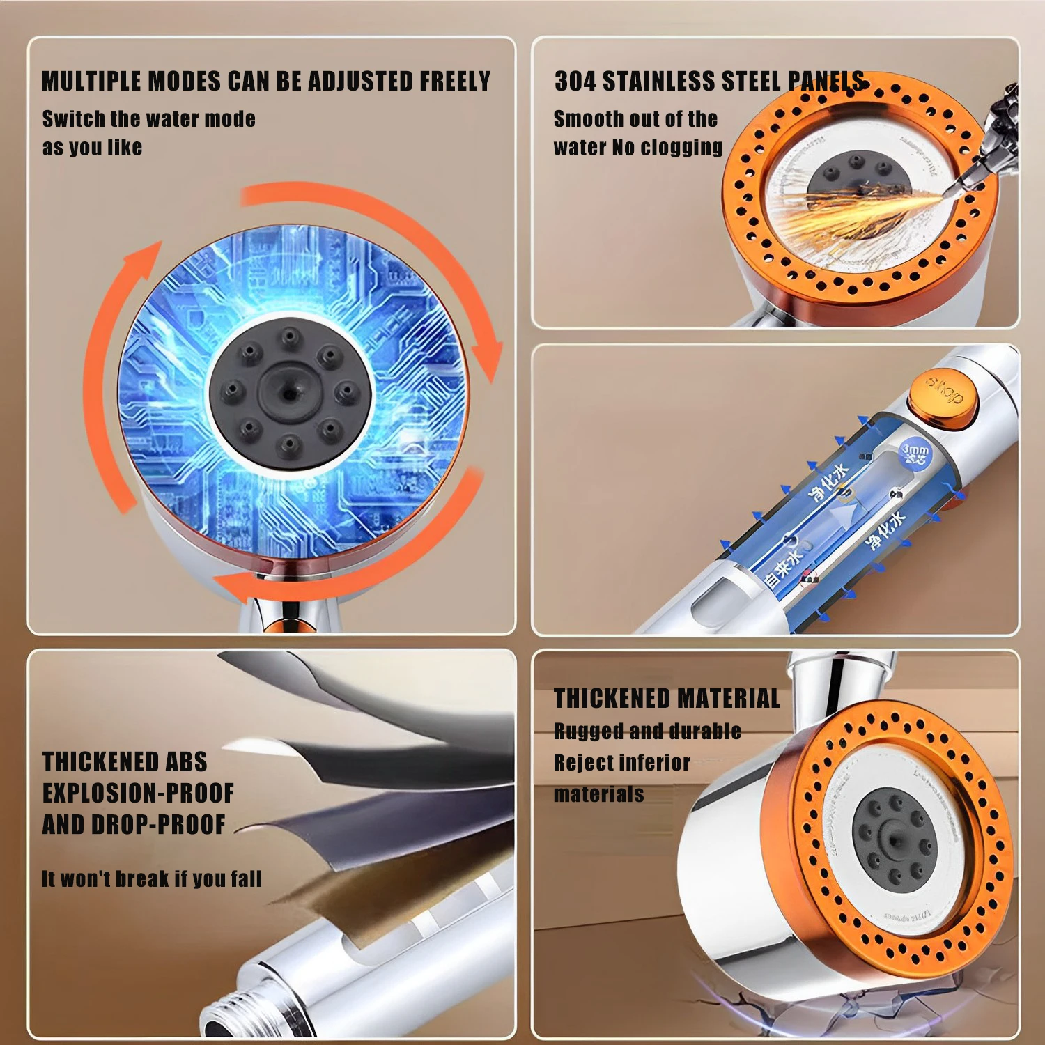 3 em 1 conjunto de cabeça de chuveiro pressurizada de 6 velocidades para banheiro com mangueira 304 elemento de filtro interno multifuncional chuveiro de alta pressão