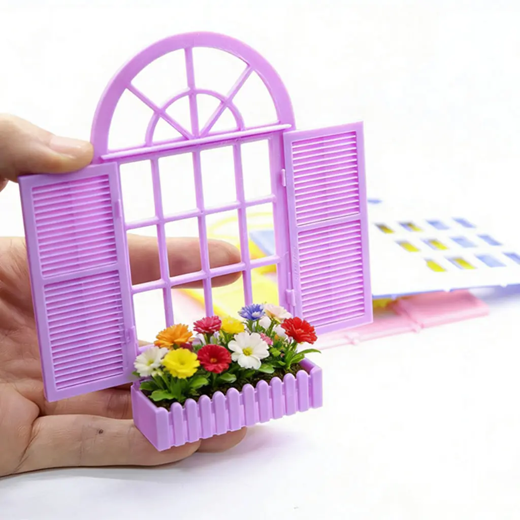 

1:12 Scale Dollhouse Window with Flower Box, Miniature Purple Arched Window Frame Decor for Diorama Scene & Photography Prop