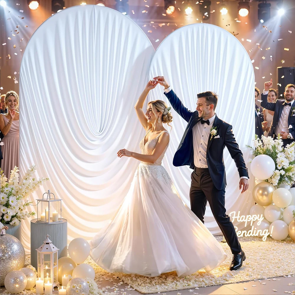 Weiße, drapierte Bogenabdeckungen, dehnbarer, passgenauer runder Bogenständer Chiara für Hochzeits-Hintergrunddekoration, Geburtstags-, Braut- und Babyparty-Deko – Detail 2