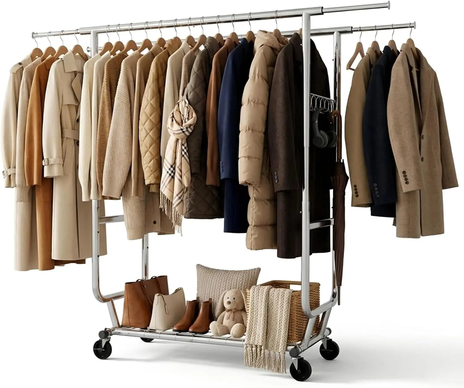 Clothes Rack, Heavy Duty Garment Rack Load 660 LBS, Rolling Clothes Rack for Hanging Clothes, Height Adjustable & Scalable & Foldable, for Home or Commercial, 75'x 22'x 68', Silver