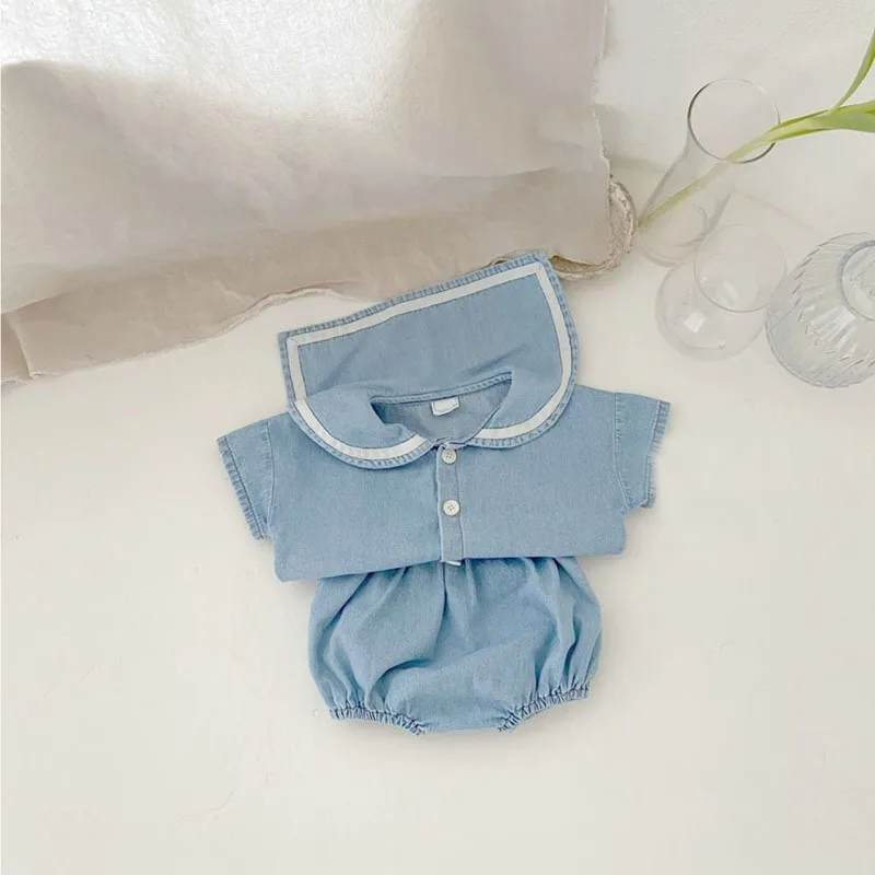 2023 Summer New Baby Navy Collar Clothes Set Kids Girls Short Sleeve Denim Tops + Shorts 2pcs Suit Cute Baby Boy Denim Outfits